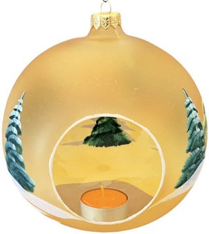 Jule glas lanterne i guld gennemsigtig mat med vinterhytter. Ø 15 cm