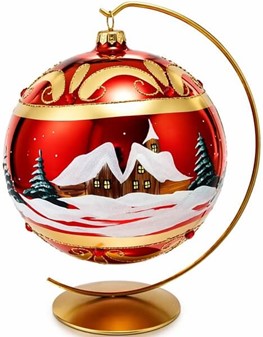Skarlagenrøde julekugle med gulddekoration og vinterlandskab. Ø 20 cm