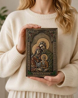 Den Hellige Familie Ikon. Bronze vægdekoration med religiøs betydning