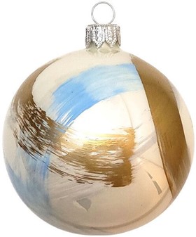 Julekugler i hvid emalje med blå, guld og sølv striber. Ø 8 cm, 6 stk
