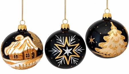 Sorte julekugler med tre forskellige julemotiver i guld, Ø 8 cm 6 stk