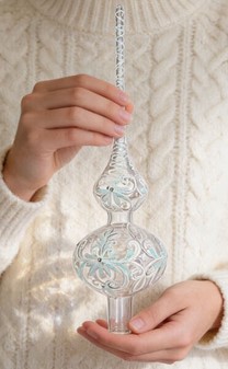 Top spir gennemsigtig med hvid dekoration. Juletræstop spir glas 35 cm