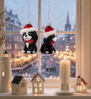 Julekugler figurer. Glas Cocker Spaniel i en kasket, sort. H: 8,20 cm