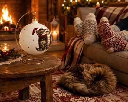 KATTE JULEPYNT. Stor julekugler i hvid med fire katte. Ø 15 cm