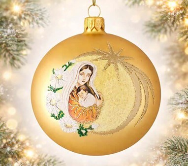 Eksklusiv Julekugle. Gør julen magisk med Maria og Jesus i guld. 10 cm
