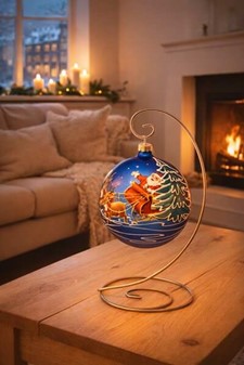 Eventyrlig kongeblå stor julekugle med julemand og kane. Ø 15 cm