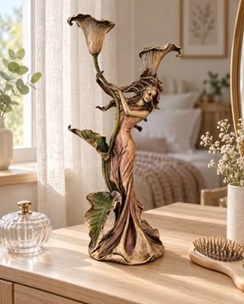 GOD BRYLLUPSGAVE. Art Nouveau lysestage - figur, en kvinde med lilje