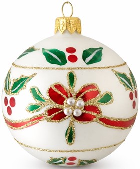 Mundblæst glas julepynt. Julekugler i porcelæn hvid med rød blomst