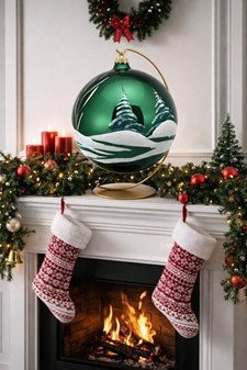 Fantastiske glas julekugle i funklende grøn med vintermotiv. Ø 20 cm