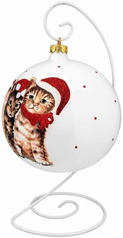 KATTE JULEPYNT. Stor julekugler i hvid med fire katte. Ø 15 cm