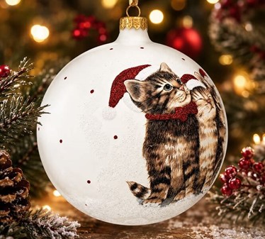 KATTE JULEPYNT. Stor julekugler i hvid med fire katte. Ø 15 cm
