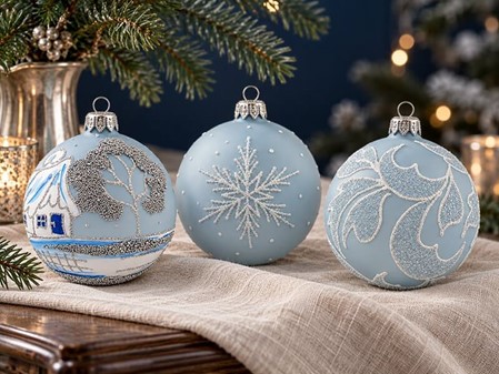 Lyseblå Ismat Julekugler i Glas. Sæt med vintermotiver. Ø 10 cm, 6 stk