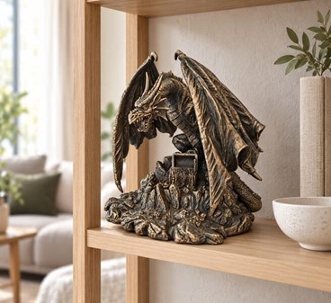 Mytisk Drage og Skat Figur. Beskyt dit rige med skattevogter i bronze