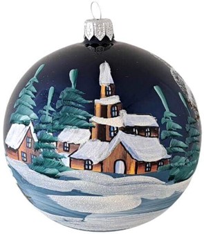 Skinnende, glitrende og smukke blå julekugler med vinterlandskab. 10cm