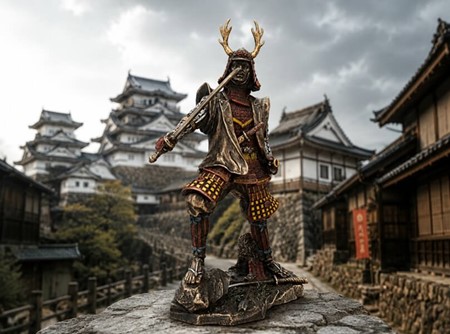 JAPANSK SAMURAI. Figur af ridder i traditionelt kostume med katana