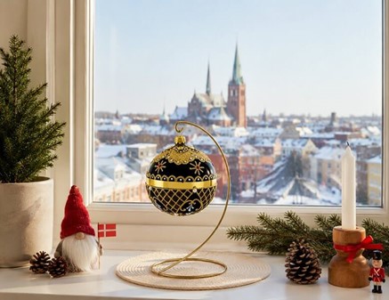 Guld-sort julekugle med hvide perler, røde og hvide krystaller, Ø 10cm