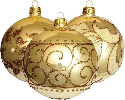 Unikke gyldne champagnefarvede julekugler rigt dekoreret, Ø 8 cm 6 stk