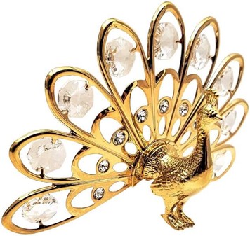 FØDSELSDAGSGAVE HENDE. Påfugl, forgyldt figur med Swarovski krystaller