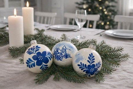 Polske, glas julekugler i porcelænhvid med blåt landskab. 8 cm. 6 stk