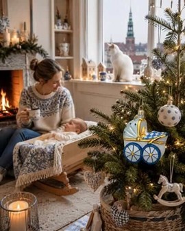 En unik mundblæst glas juletræskugle i form af hvid - blå barnevogn