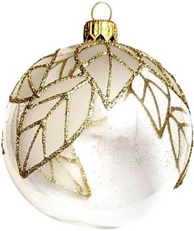 Juletræspynt. Gennemsigtig hvid julekugle med guld glitter blade