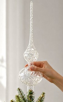 Top spir gennemsigtig med hvid dekoration. Juletræstop spir glas 35 cm