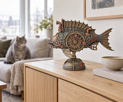 Unik Steampunk Dybhavsfisk med Mystisk Lys. Dekorationsfigur i bronze