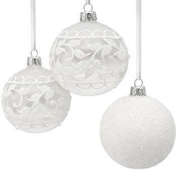 Smukke hvide juletræskugler dekoreret med hvid glitter, Ø 8 cm 6 stk