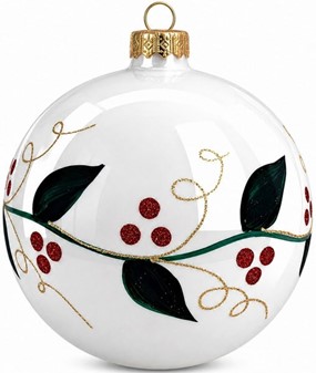 Store julekugler i hvid. Porcelæn blank finish med grøn blade, Ø 15cm