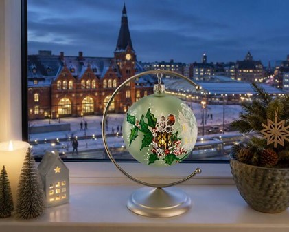 Polsk glas julepynt. Grøn julekugle med en fugl på lanterne. Ø 10 cm
