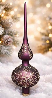 Topspir til juletræ. Spir glas i mat aubergine og gulddekoration. 35cm