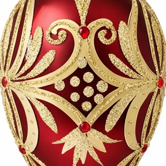 Smuk, glas julepynt i vin rød Fabergé æg form. Julefigur H: 13 cm