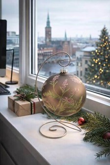 Glas julekugle stor, mat grå med en delikat plantedekoration. Ø 15 cm