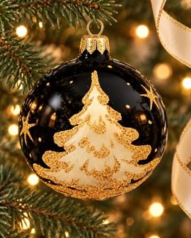 Sorte julekugler med tre forskellige julemotiver i guld, Ø 8 cm 6 stk