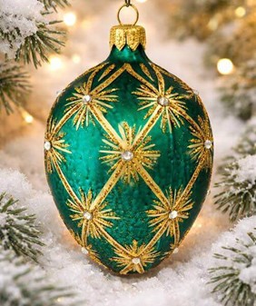 Håndmalet jule glas pynt i grøn Fabergé æg form. Julefigur H: 13 cm