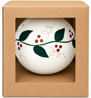 Store julekugler i hvid. Porcelæn blank finish med grøn blade, Ø 15cm
