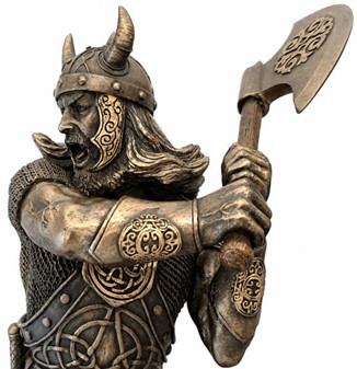 Viking figur. Bronzefigur af mægtige kriger, der svinger sin økse