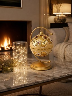 Exclusiv, rigt dekoreret guld julekugle med røde krystaller, Ø 10 cm
