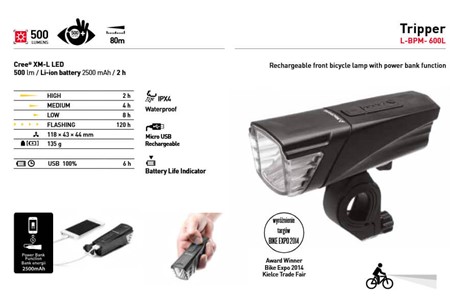 Tripper - Genopladelig cykelforlygte. 500 lumen LED og powerbank i ét