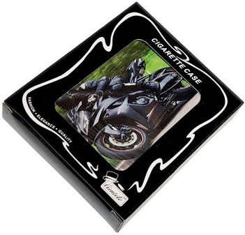 Stilfuldt Metal Cigaretetui med Sort Sportsmotorcykel - Perfekt Gave