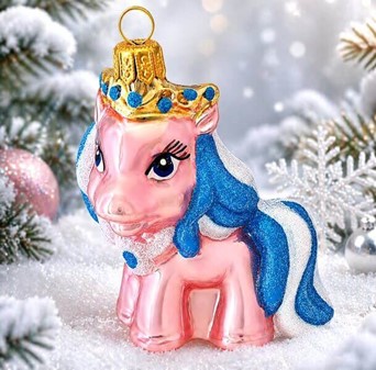 Håndlavet i Polen lyserød pony, glas figur til juletræet, højde 7 cm