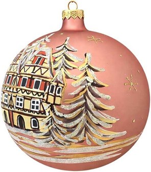 Stor julekugle glas i lyserød mat med hus og vinterlandskab. Ø 15 cm