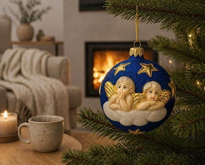Unik julepynt. Julekugler med engle på baggrund af nattehimlen. 10 cm