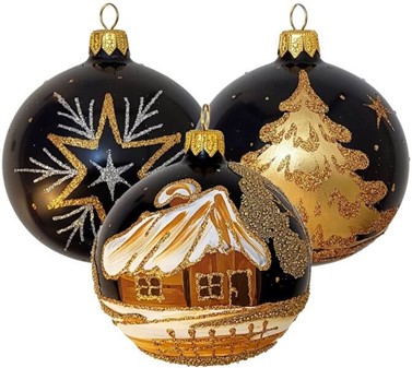 Sorte julekugler med tre forskellige julemotiver i guld, Ø 8 cm 6 stk