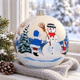 Julekugle glas i hvid mat og et vinterlandskab med en snemand. Ø 10 cm