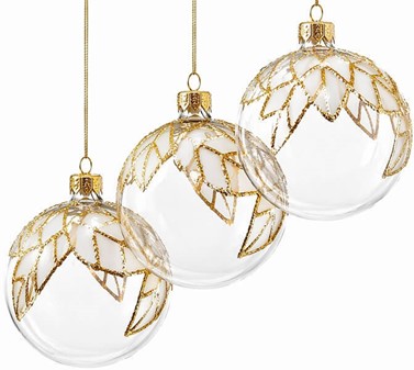 Juletræspynt. Gennemsigtig hvid julekugle med guld glitter blade