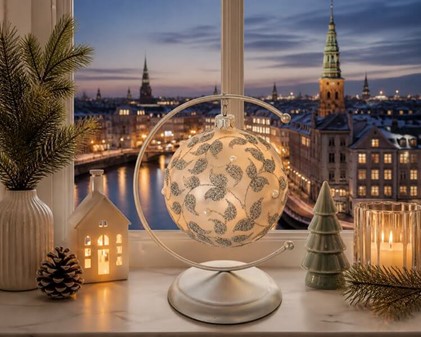 Laksefarvede julekugler med sølvglitter plantemotiver. Ø 10 cm, 6 stk