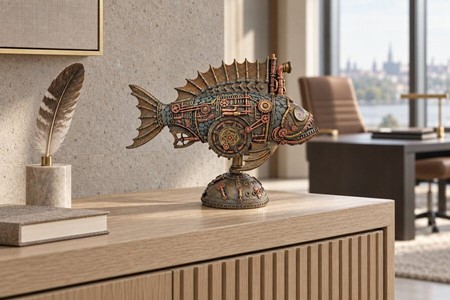 Unik Steampunk Dybhavsfisk med Mystisk Lys. Dekorationsfigur i bronze
