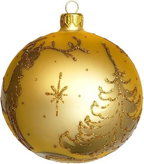 Juletræspynt. Flotte julekugler glas guld med julemotiver. Ø 10cm 6stk