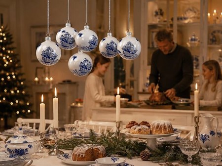 Jule glaskugle i hvid emalje porcelænsfarve med blå båd på kuglen. 8cm